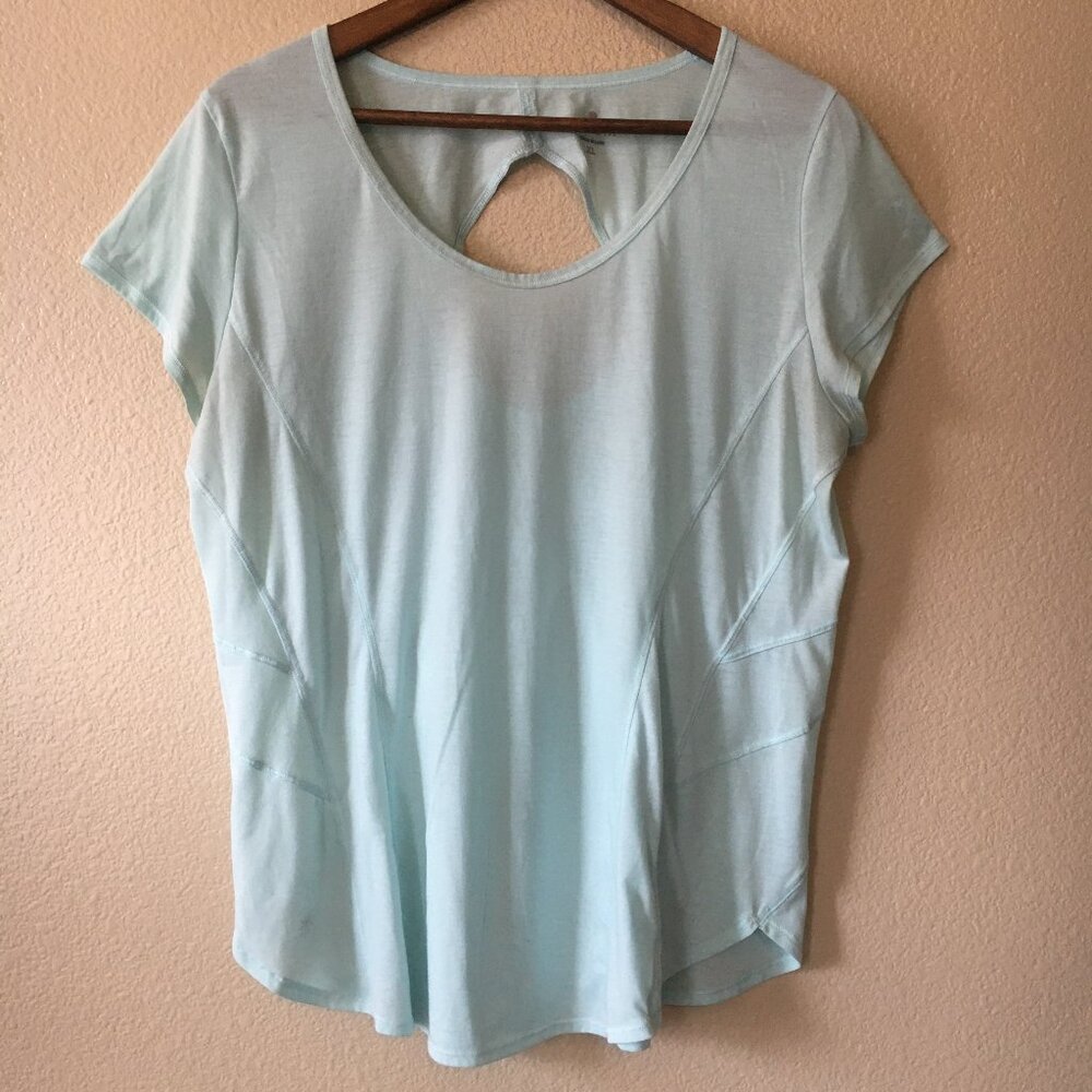 Athleta Tee XL Workout Cutout Gym Shirt Aqua Mint Green Activewear Repetition